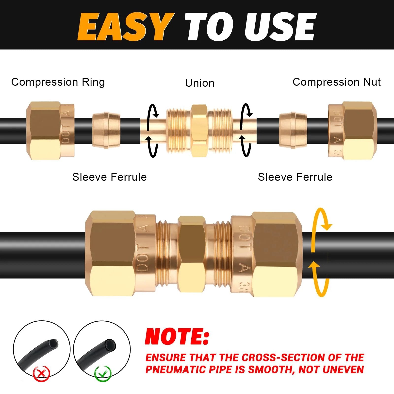 Illustration of Pro Grade DOT Brass Compression Straight Union Fittings for 3 Eighths Inch Nylon Tubing assembly process.