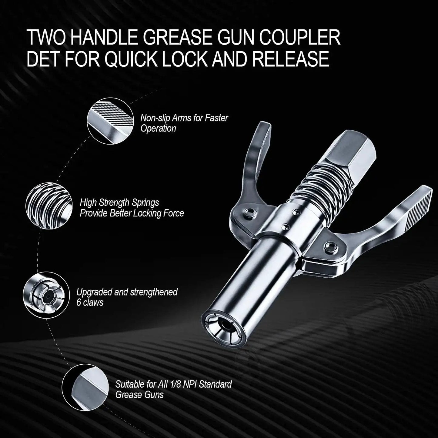 Grease Gun Coupler With Quick Lock And Double Handle Six Thickened Claws For Tight Fit Leak Proof Seal Up To 12000 PSI Works With All Grease Guns Ideal For Automobiles Farm Machinery Boats Marine Use And Heavy Equipment, shown in a detailed side view