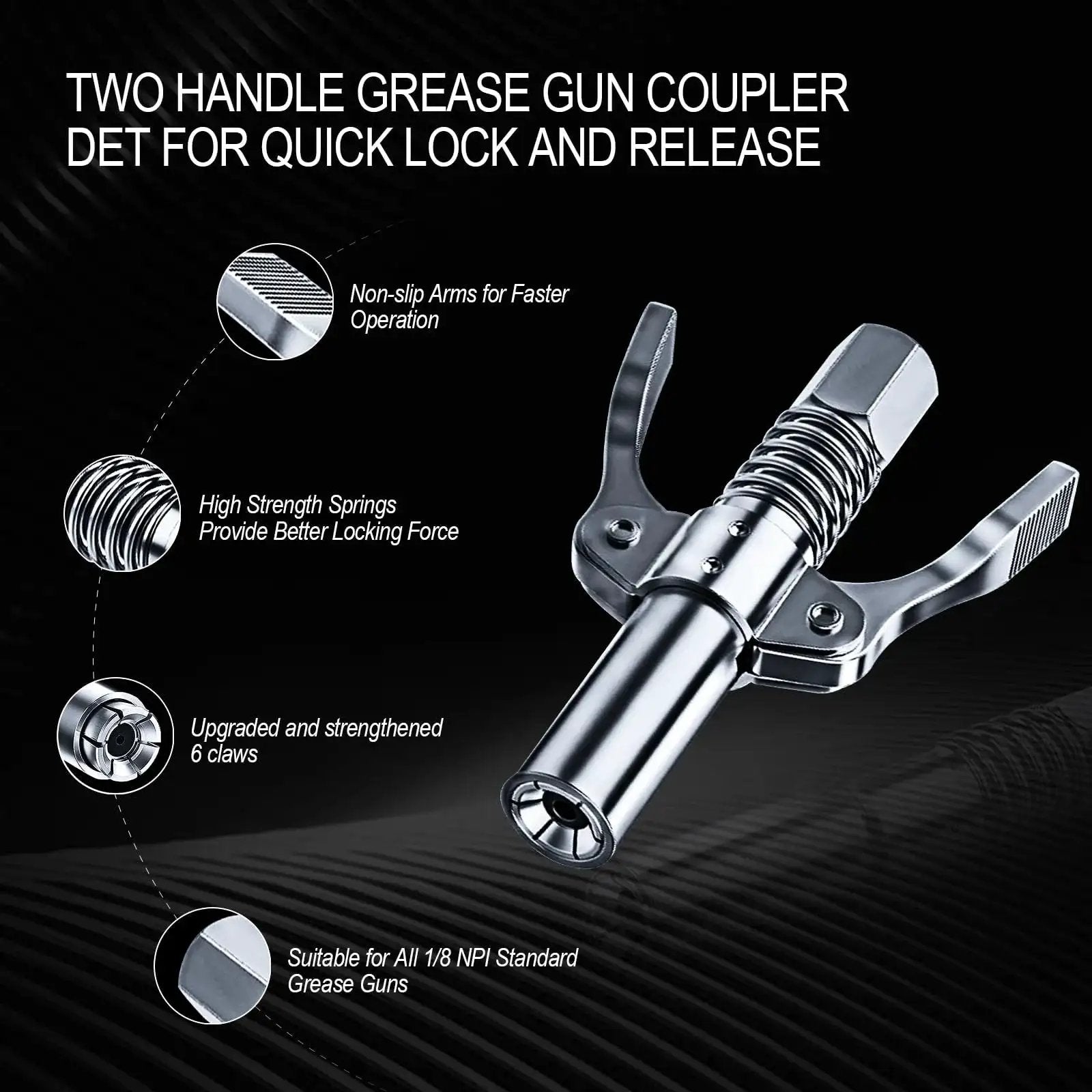 Grease Gun Coupler With Quick Lock And Double Handle Six Thickened Claws For Tight Fit Leak Proof Seal Up To 12000 PSI Works With All Grease Guns Ideal For Automobiles Farm Machinery Boats Marine Use And Heavy Equipment, shown in a detailed side view