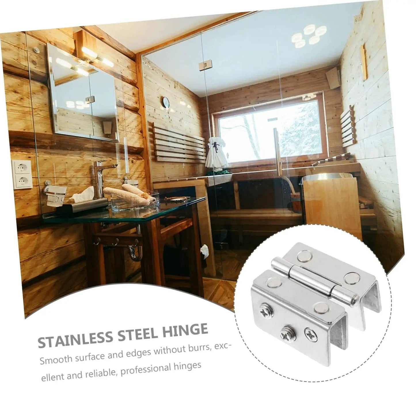 Double Side Glass Door Hinges Set In Stainless Steel For Wine Cabinets shown in a modern bathroom installation