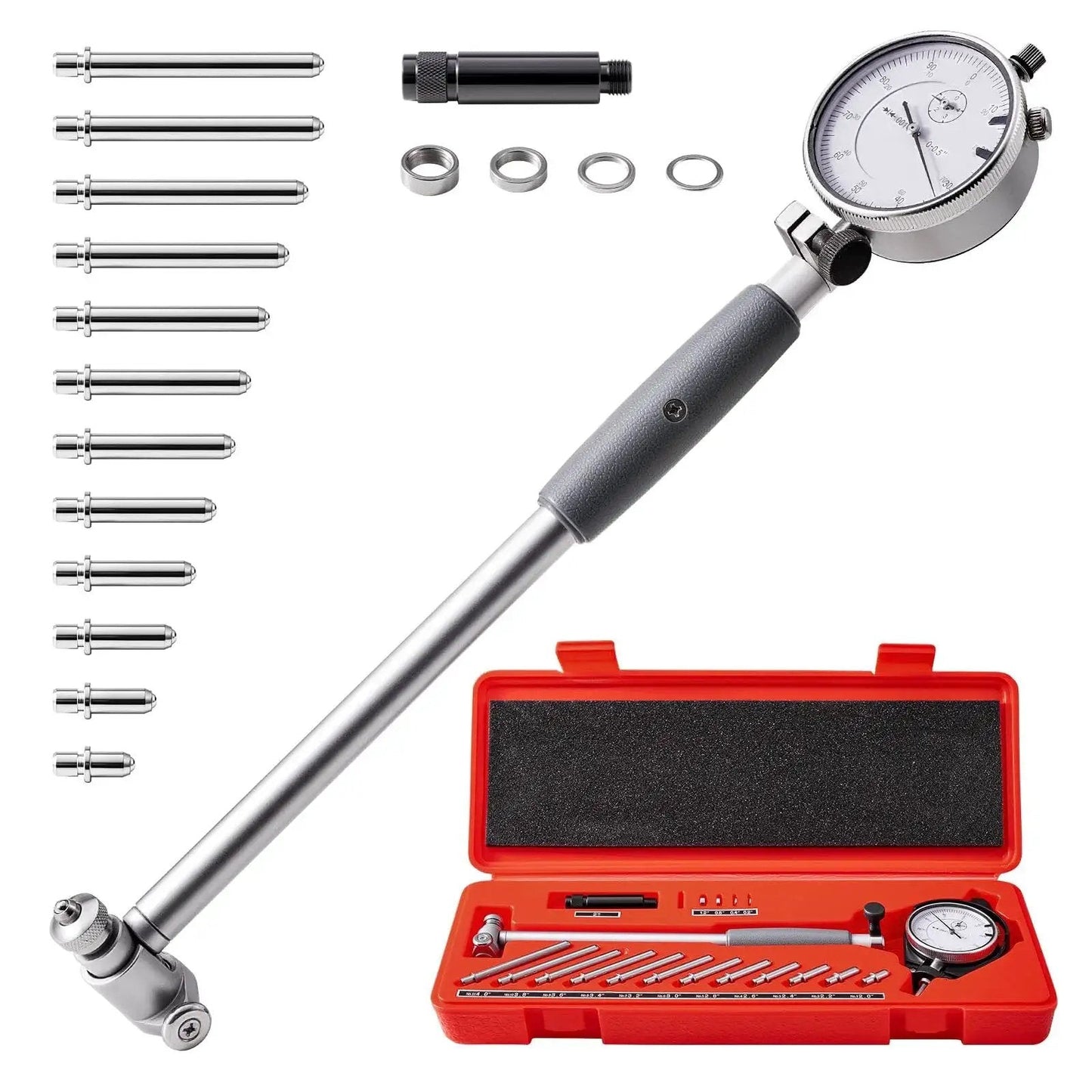 Precise Bore Gauge Set For Automotive Machining 2 To 6 Inch Range With 0.001 Inch Accuracy, showing dial indicator and red case