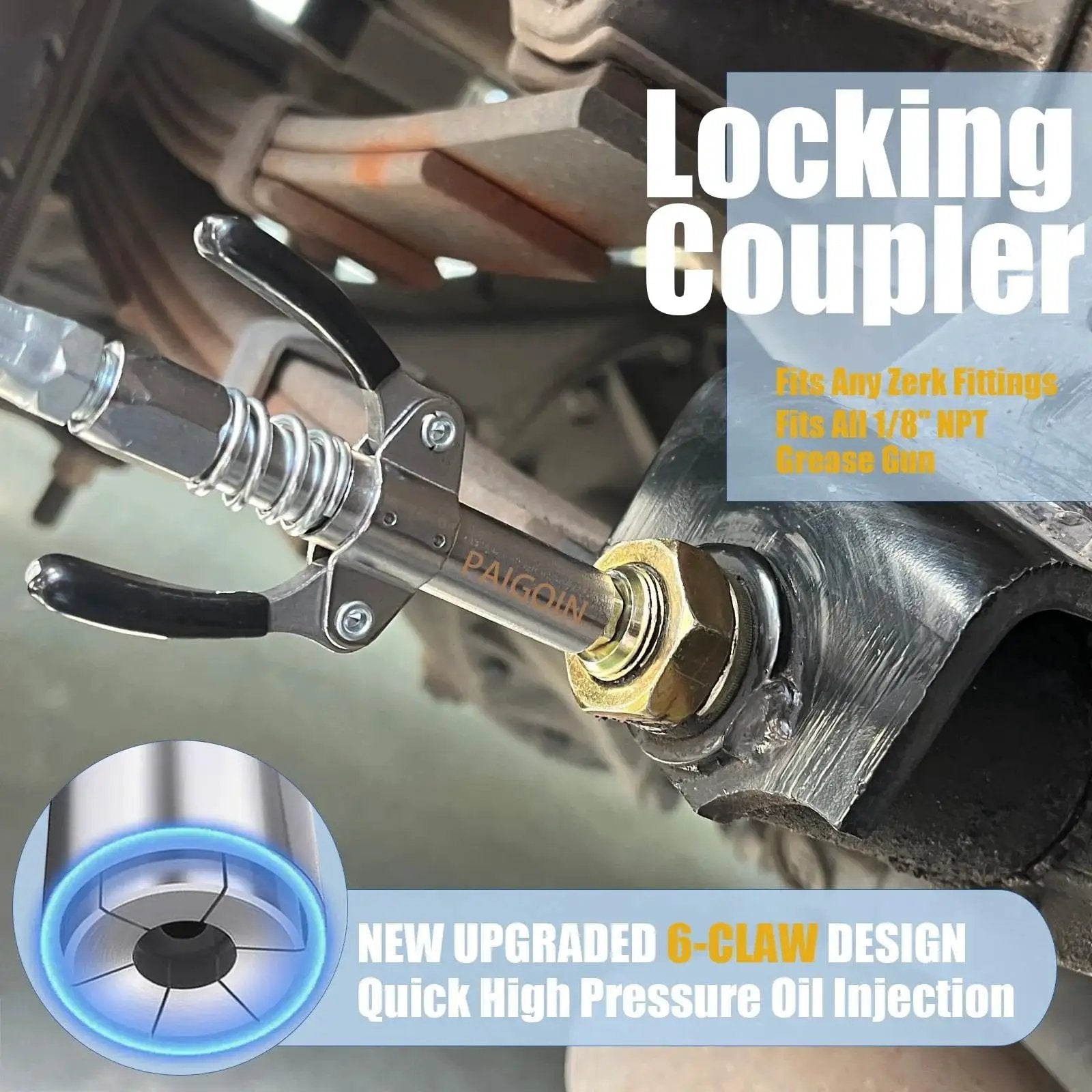 All In One Built Tough Heavy Duty 8000 PSI Pistol Grip Grease Gun Kit With 14 Oz Cartridge locking coupler in use on machinery.