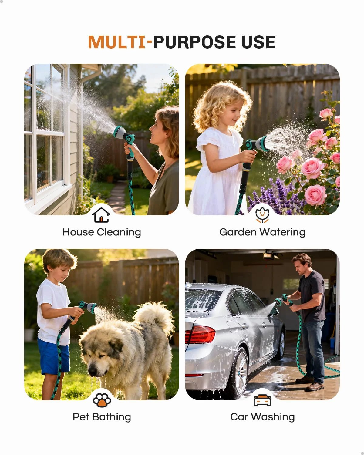 Collage showing uses of Beefy 50 Ft Garden Hose Non Expanding Flexible Water Hose With 10 Function Sprayer Leak Proof for cleaning, watering, pet bathing, car washing.