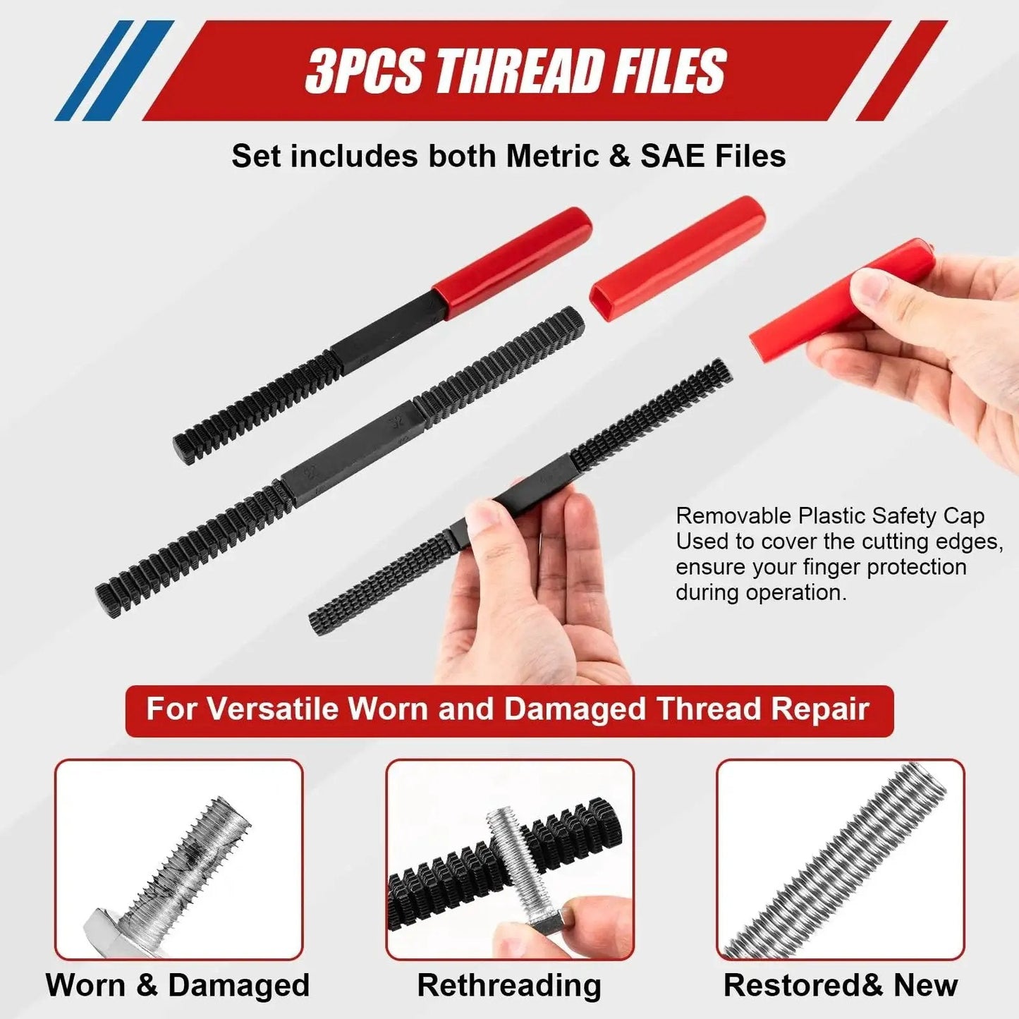 3 pcs thread files illustrating metric and SAE options with removable safety caps for worn and damaged thread repair.