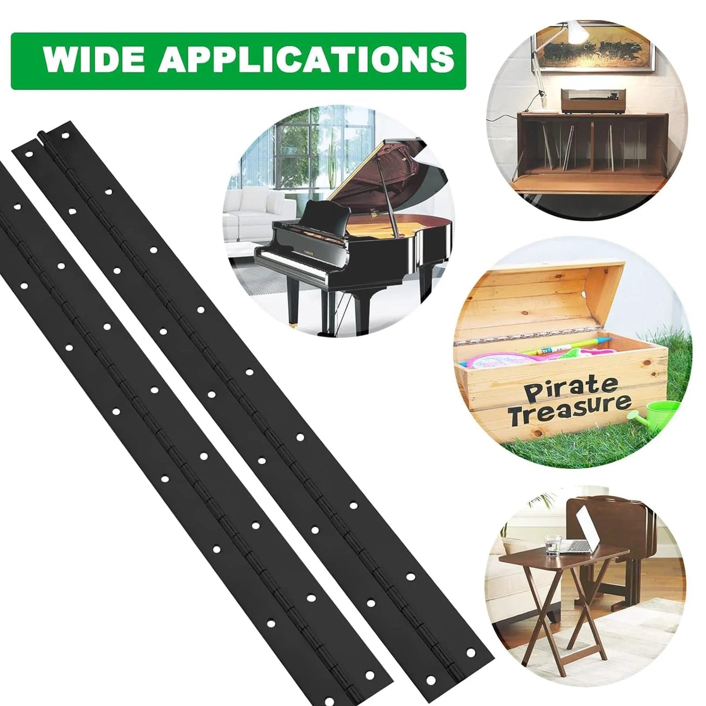 Heavy Duty Piano Hinge Set 2 Pack 2 In Open Width By 20 In Long 0.06 In Thick Stainless Steel With Holes Black Stainless Cabinet Door Hinges For Woodworking Furniture And Cases with application examples.