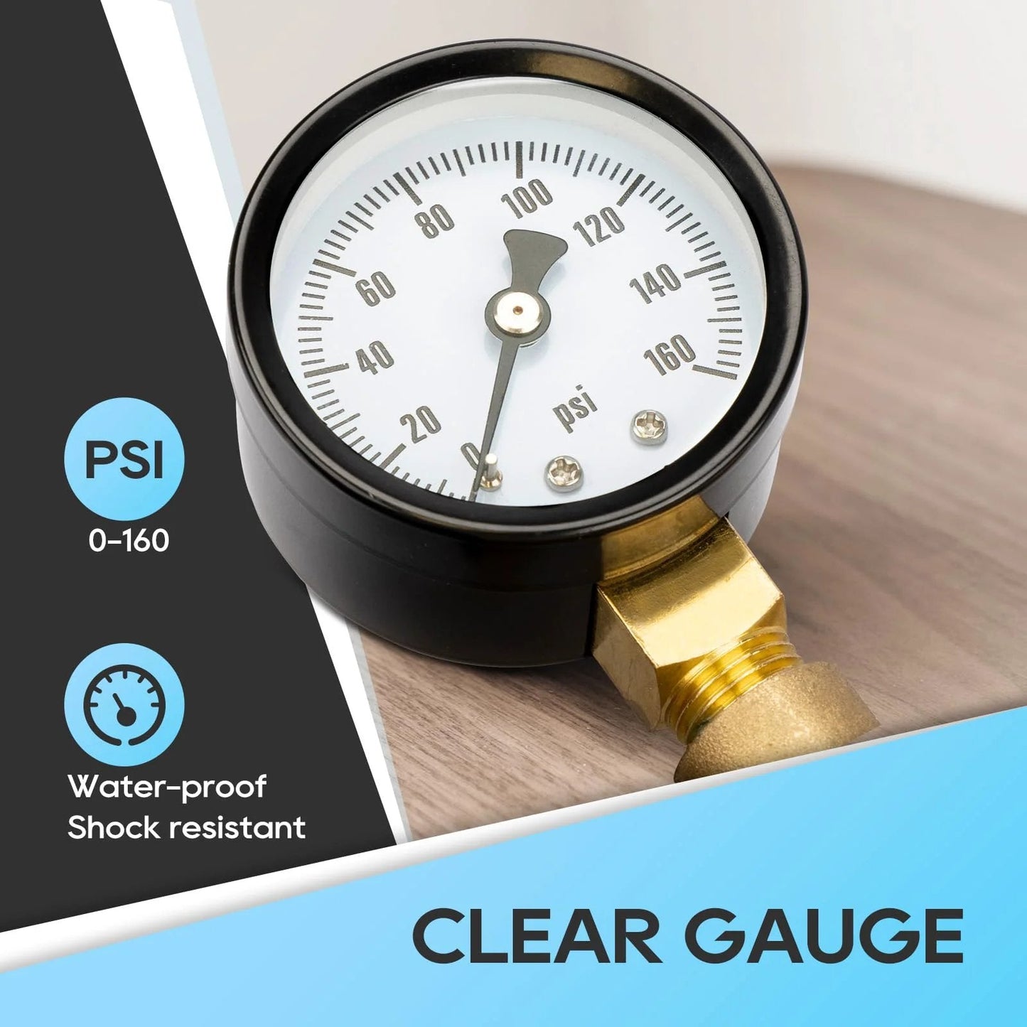 Close-up of gauge on Adjustable Knob RV Water Pressure Regulator Valve By RVGUARD Tool Free Lead Free Brass Reducer for RVs