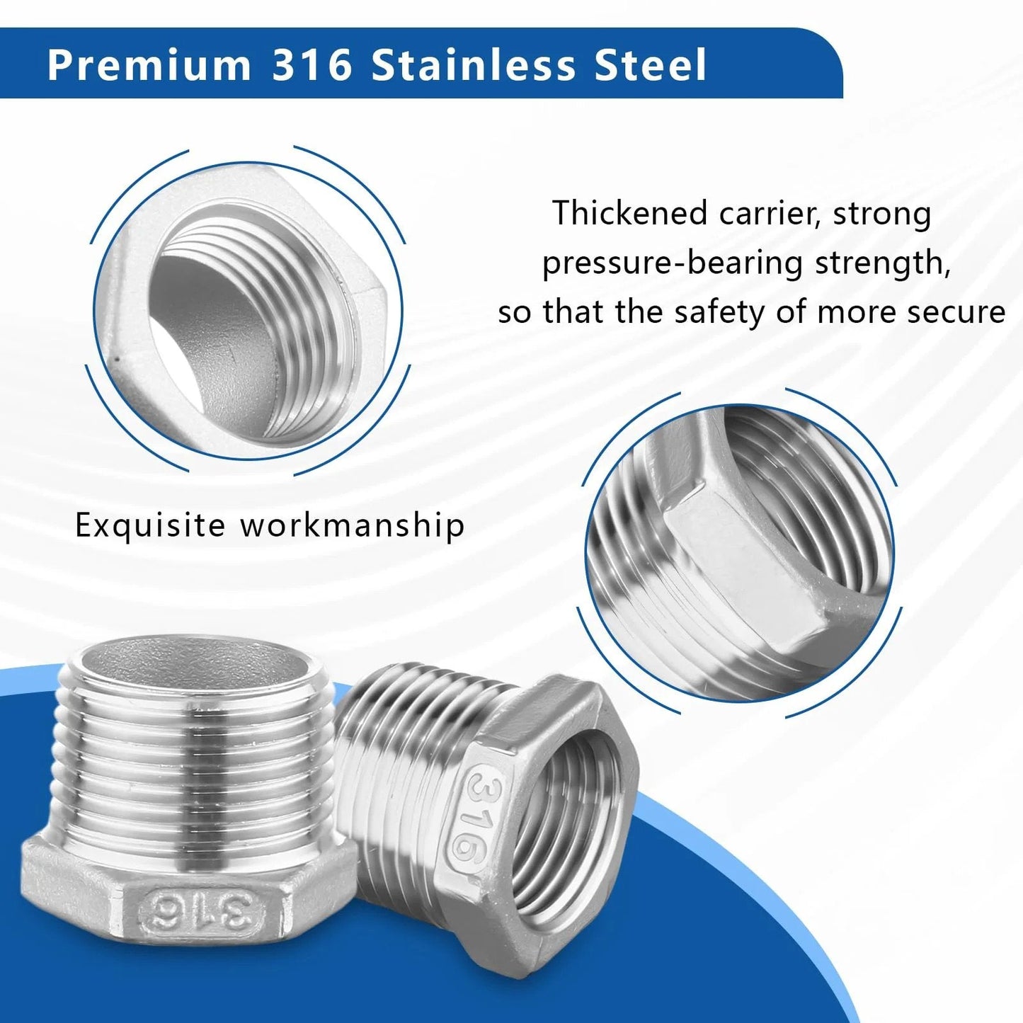 Heavy Duty 316 Stainless Steel Hex Bushing Reducer Three Quarter Inch To One Quarter Inch NPT Male To Female Pipe Fitting Adapter Corrosion Resistant Connector For Plumbing Hydraulic Air Oil And Gas Systems close-up view