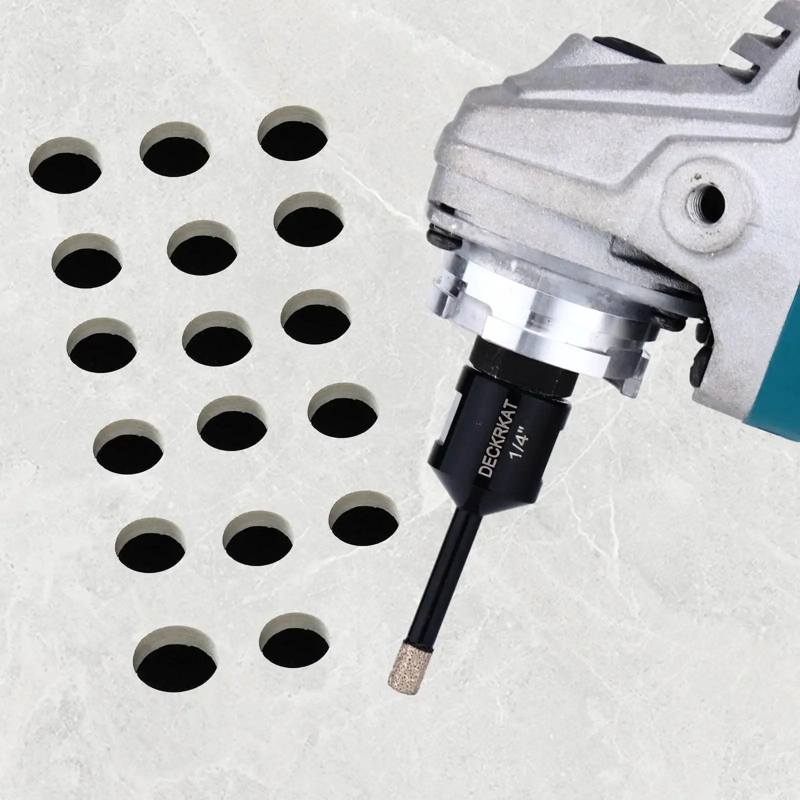 Angle grinder with Two Pack 1/4 Inch Diamond Core Drill Bits For Dry And Wet Drilling On Granite Marble Ceramic Glass Porcelain Tiles Stones And Flower Pots With 5/8-11 Thread For Angle Grinders Including Tile Hole Saw Bits next to drilled holes on tile surface.