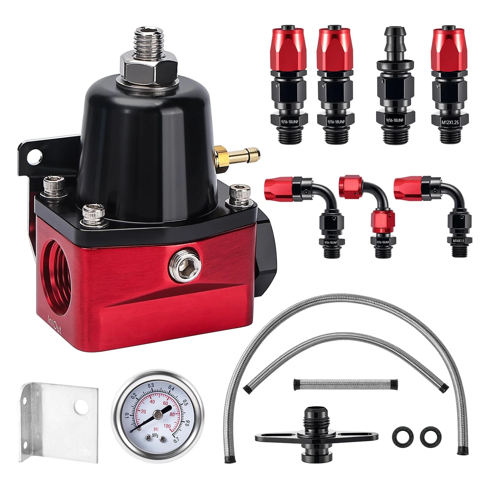 Adjustable 6AN EFI Fuel Pressure Regulator Return Bypass Kit with fittings, gauge, and braided lines for EFI systems
