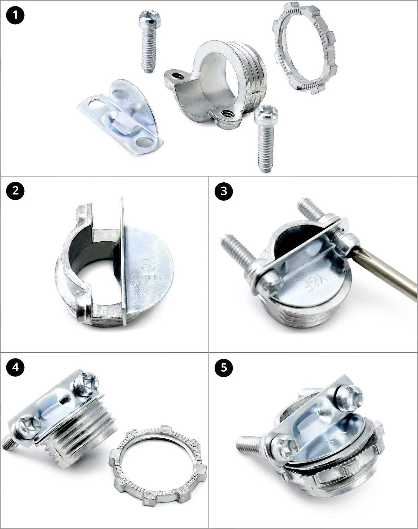16 Piece Clamp Type Cable Connectors Set For Metallic Conduit Quick Install Half Inch Steel Zinc Alloy Anti Rust shown in various views