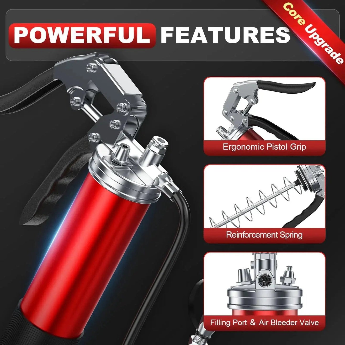Heavy Duty 8000 PSI Pistol Grip Grease Gun Kit With Quick Locking Coupler Spring Flex Hose 14 Ounce Load Two Standard Hoses Reinforced Coupler Rigid Pipe And Sharp Nozzle For Precise Pro Lubrication For Automotive Maintenance Farm Equipment Marine And features