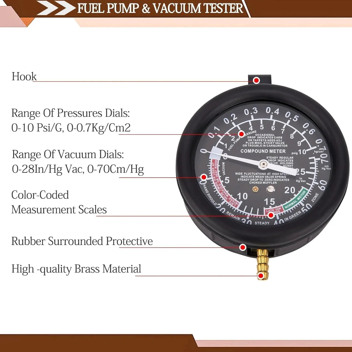 Close-up of Vacuum Gauge Automotive Tester Kit for Fuel Pressure Diagnostics and Carburetor Testing DIY Friendly Fuel Pump Pressure Checker for Vacuum Leaks and Engine Performance VECKYJL with pressure and vacuum scales.
