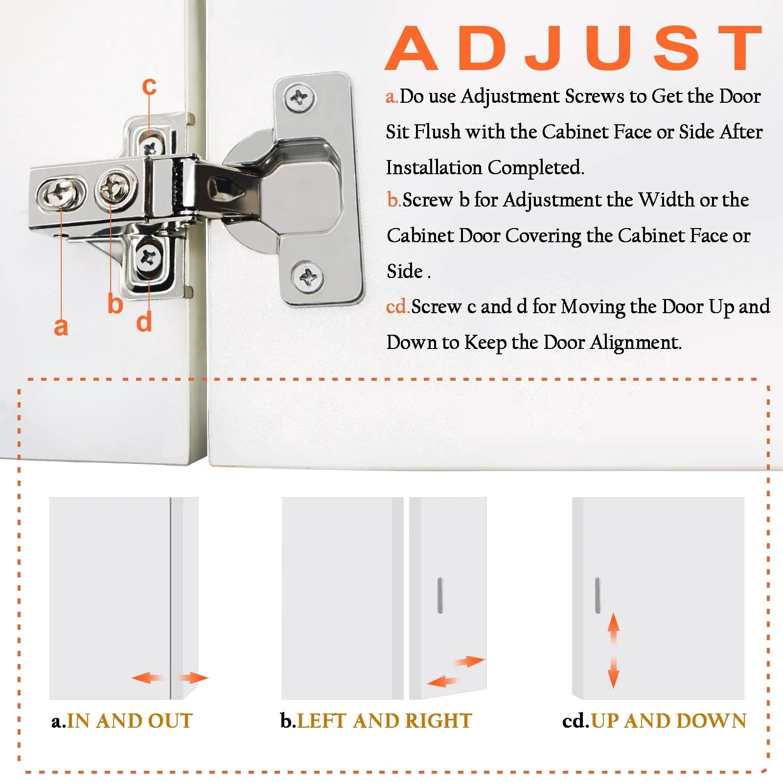 Instructions for adjusting 24 Pack Half Inch Overlay Soft Close Cabinet Hinges For Kitchen Cabinets With 100 Degree Opening Angle In Stainless Steel.