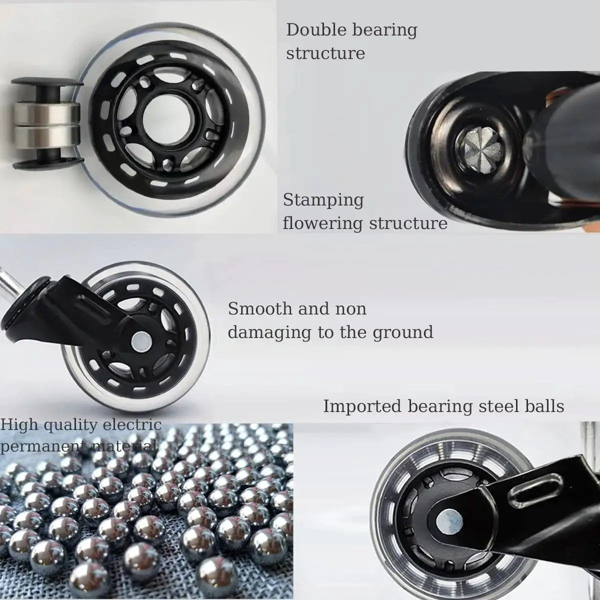 Close-up of 2 Inch Office Chair Caster Wheels Set of 5, Heavy Duty Casters with Steel Body, showing bearings and polyurethane wheels.