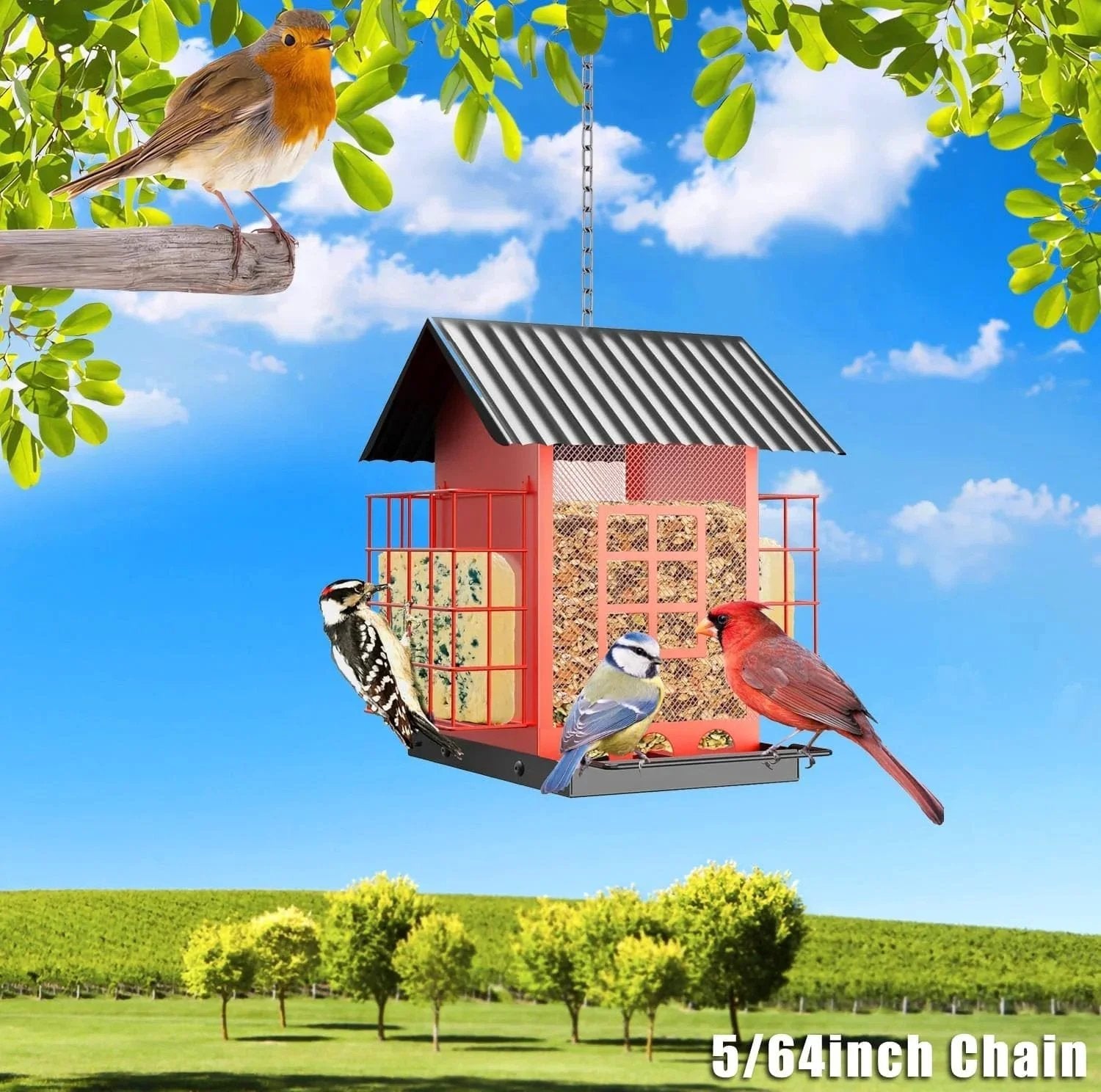 Bird feeder hanging with a 6.5 Foot 5/64 Inch Stainless Steel Chain For Home And Outdoor Use Light Duty Metal Link Chain in a garden.