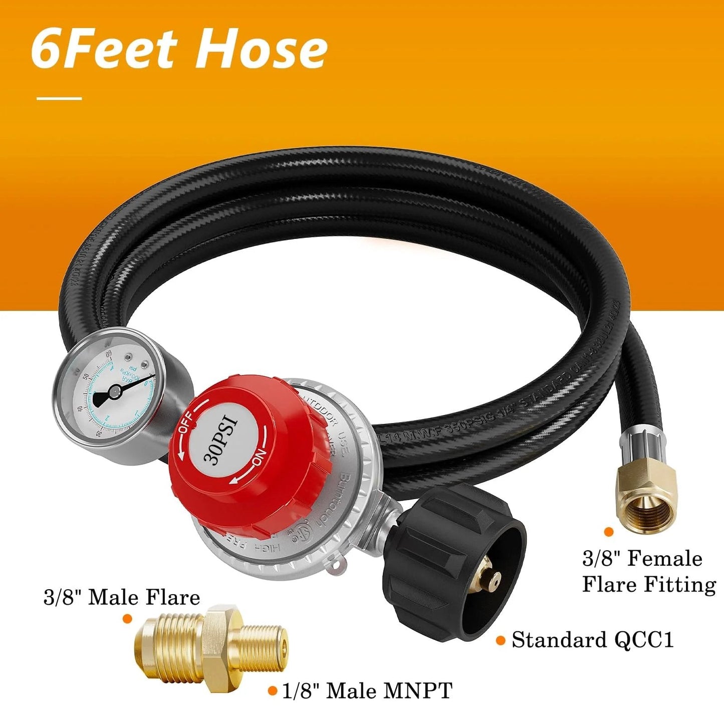 Adjustable Propane Regulator With 0 to 60 PSI Gauge And Hose For LP Gas Cookers Burners Turkey Fryers And Smokers