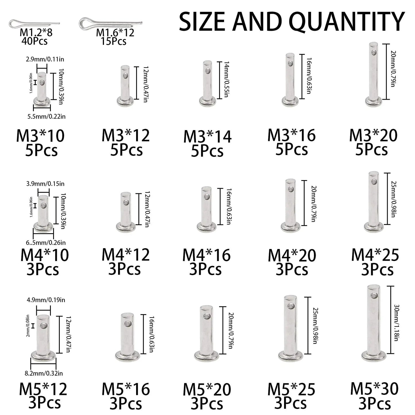 Size and quantity chart of All Purpose 110Pcs 304 Stainless Steel Clevis Pins And Cotter Clip Kit For Link Hinges And T Shape Pins Flat Head Round Pins In M3 To M5 Assorted Sizes Rust Resistant For Indoor And Outdoor Use Rrina