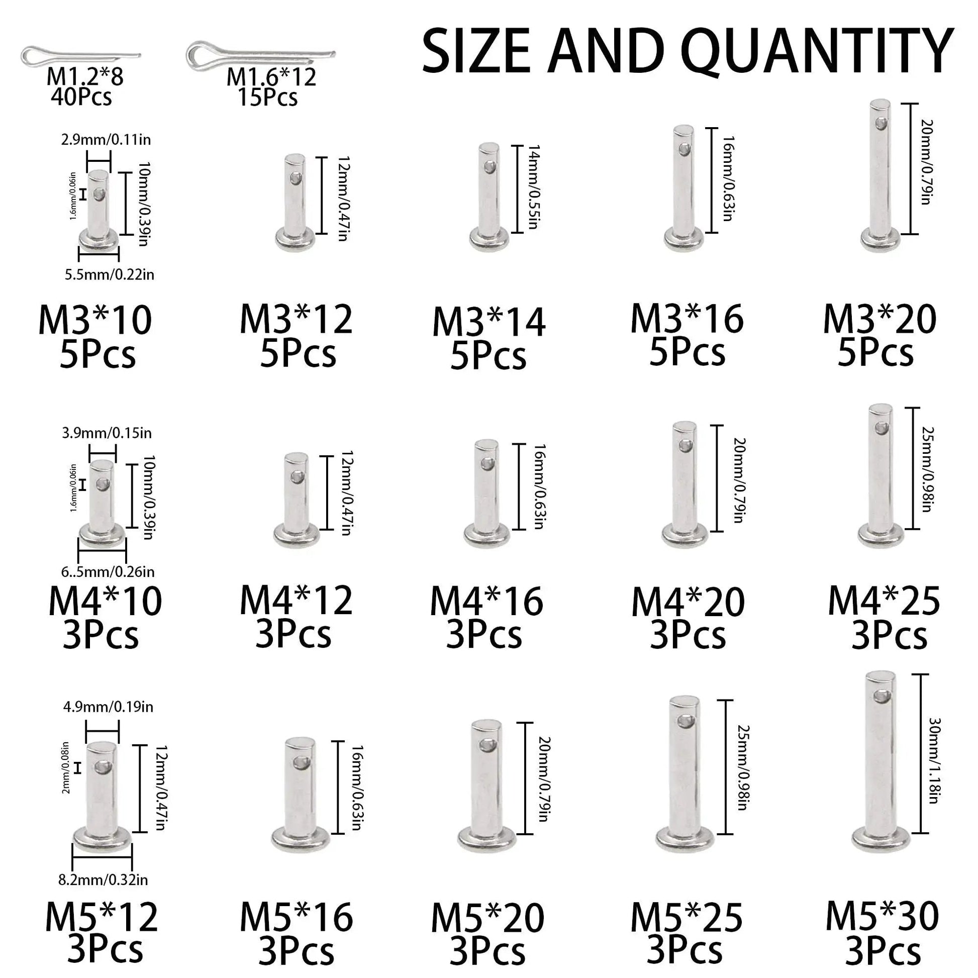 Size and quantity chart of All Purpose 110Pcs 304 Stainless Steel Clevis Pins And Cotter Clip Kit For Link Hinges And T Shape Pins Flat Head Round Pins In M3 To M5 Assorted Sizes Rust Resistant For Indoor And Outdoor Use Rrina