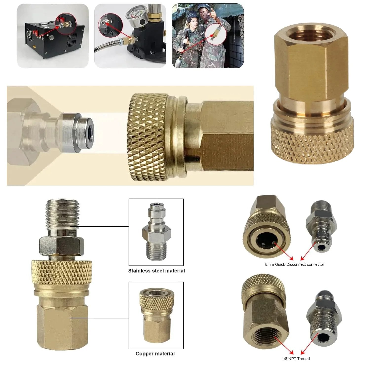8mm Quick Disconnect To One Eighth NPT Adapter Set For High Pressure Air Systems with fittings for PCP rifles, paintball tanks.