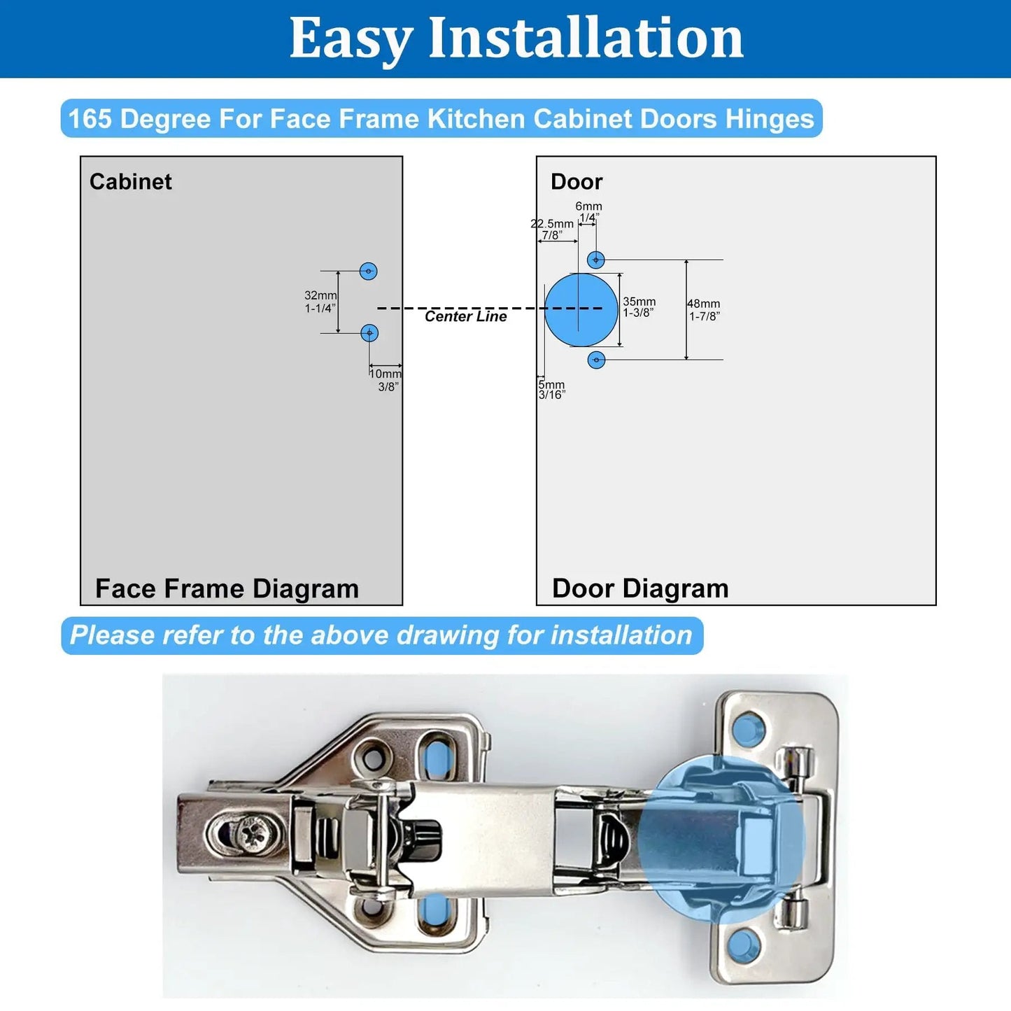 Diagram and installation view of Two Pack 165 Degree Concealed Hydraulic Cabinet Hinges With Soft Close And 3D Adjustable Clip On Mounting.