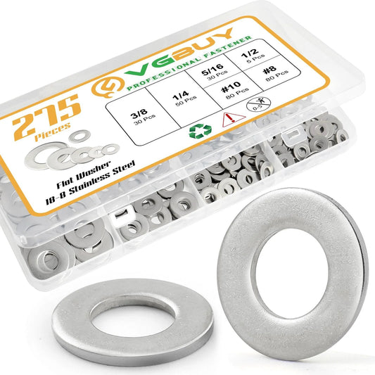 275 Piece Stainless Steel Flat Washer Kit With 304 Grade Heavy Duty DIY Ready Assortment For Screws And Bolts No 8 No 10 One Quarter Inch Five Sixteenth Inch Three Eighth Inch One Half Inch Wide Variety Of Sizes