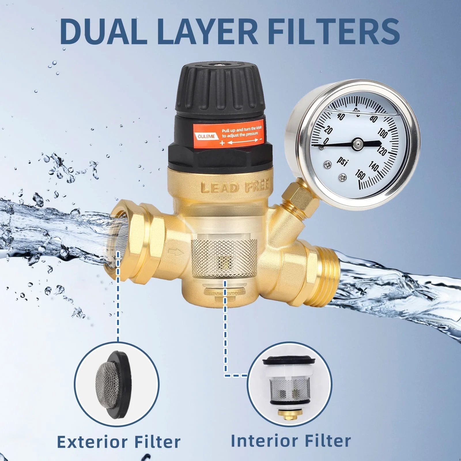 RV Water Pressure Regulator Valve With Adjustable Handle And Dual Filters For Camper And Travel Trailer, Brass Lead Free