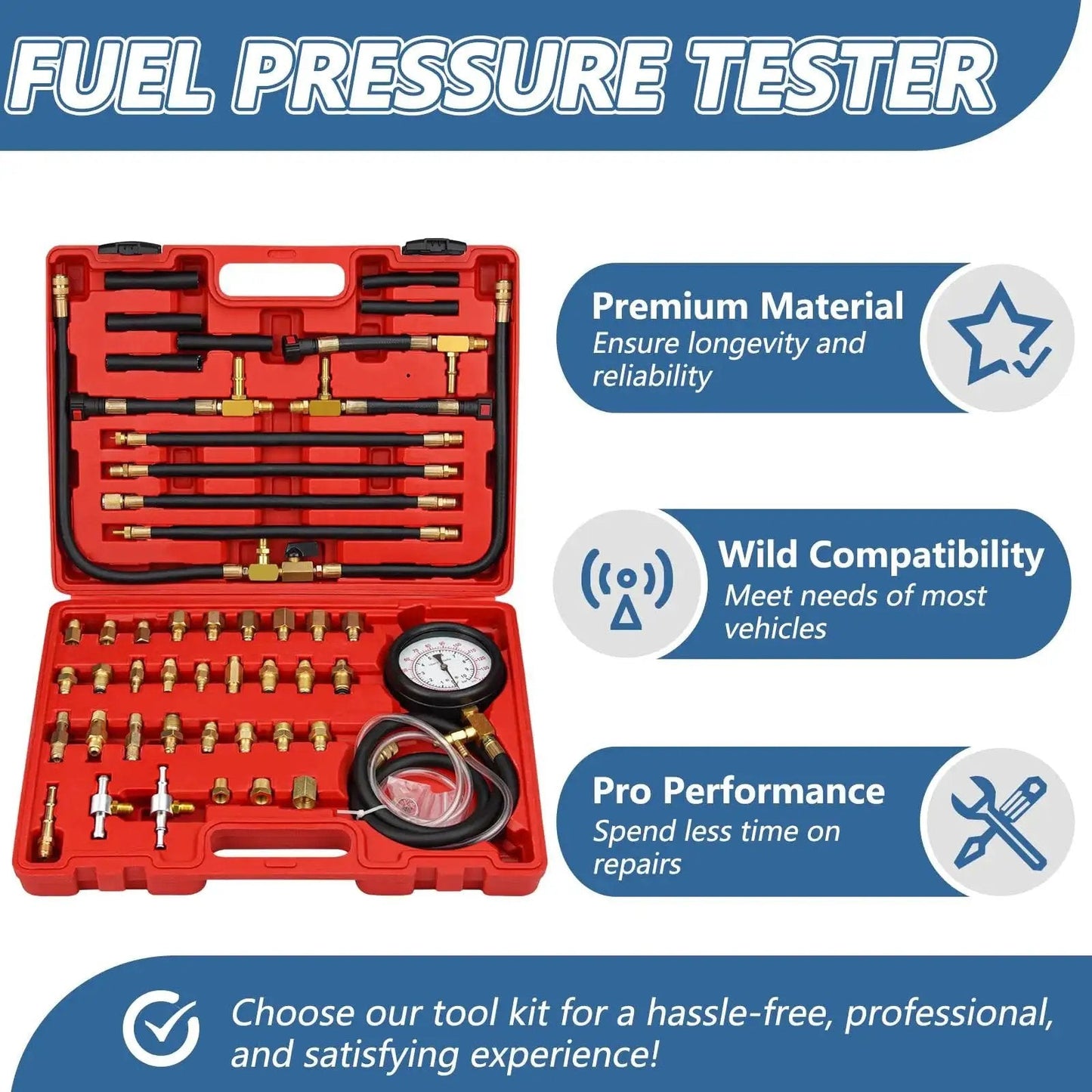Fuel Injection Pressure Tester Kit With Gauge 0 To 140 PSI And Fittings in red case with assorted adapters and gauge