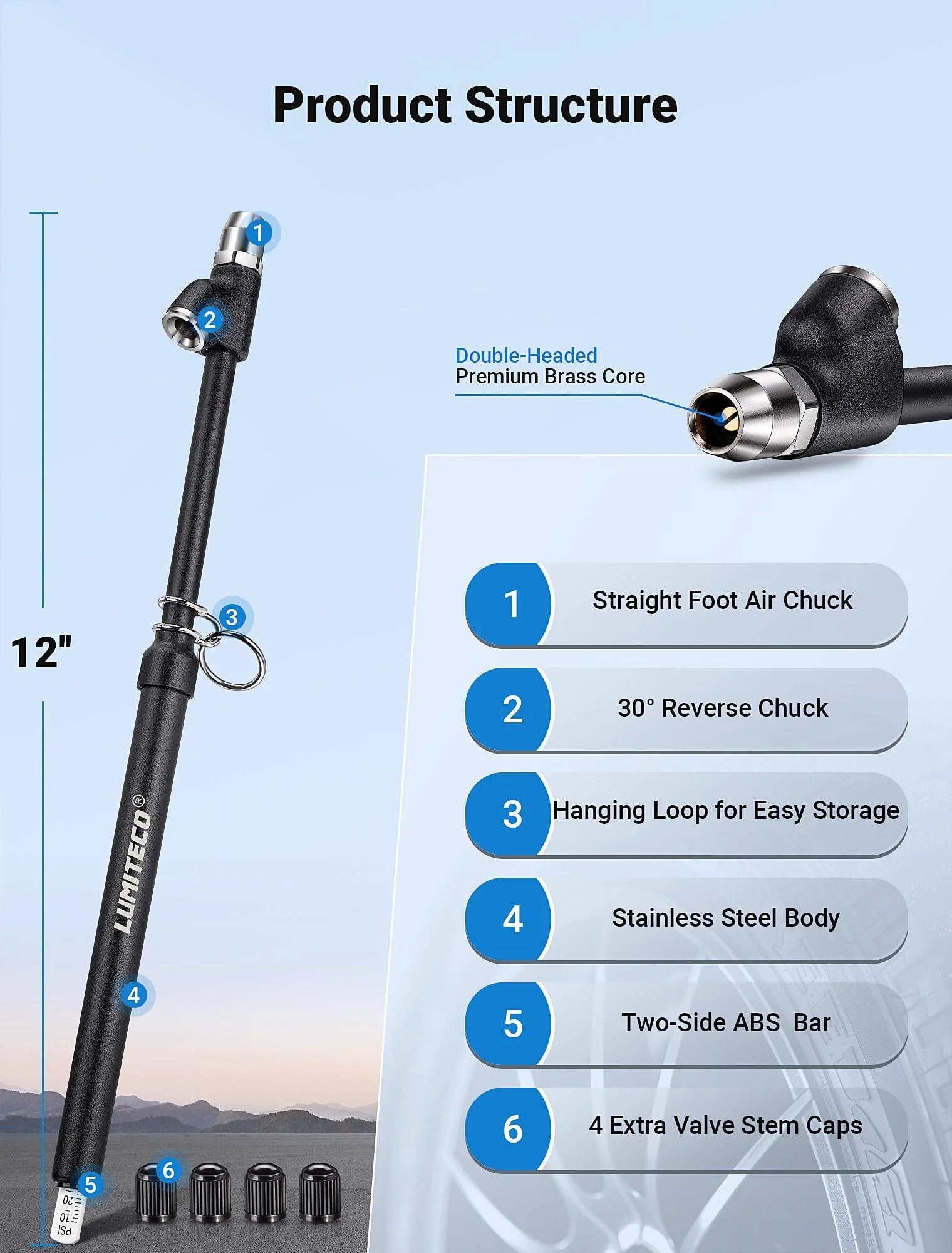 Two Pack Dual Head Tire Pressure Gauge With Extended Reach Pencil Style 12 Inch Gauge For Dual Wheels Straight On And 30 Degree Reverse Chucks Heavy Duty Truck And Car Tire Pressure Checker 10 To 150 PSI 1 To 10 Bar showing product structure with straight foot air chuck and extra valve stem caps
