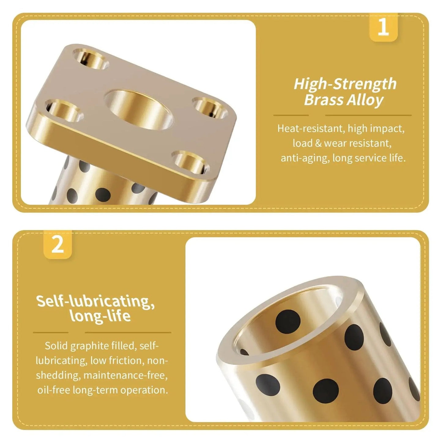 Two Pieces Brass Graphite Wrapped Oilless Sleeve Bearings Square Flanged Bushing With 8mm ID, showing high-strength brass alloy and self-lubricating features.
