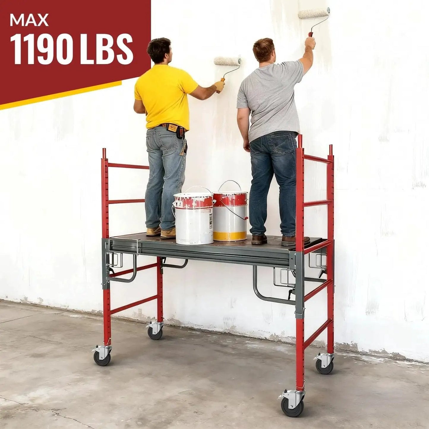 Two men standing on scaffold with 5 Inch Scaffolding Caster Wheels Set Of Four With Dual Locking Swivel Casters And One And A Quarter Inch Square Stem For Stainless Steel Scaffold Tubes Heavy Duty Replacement Castors 1190 Lb Load Capacity Industrial Grade.