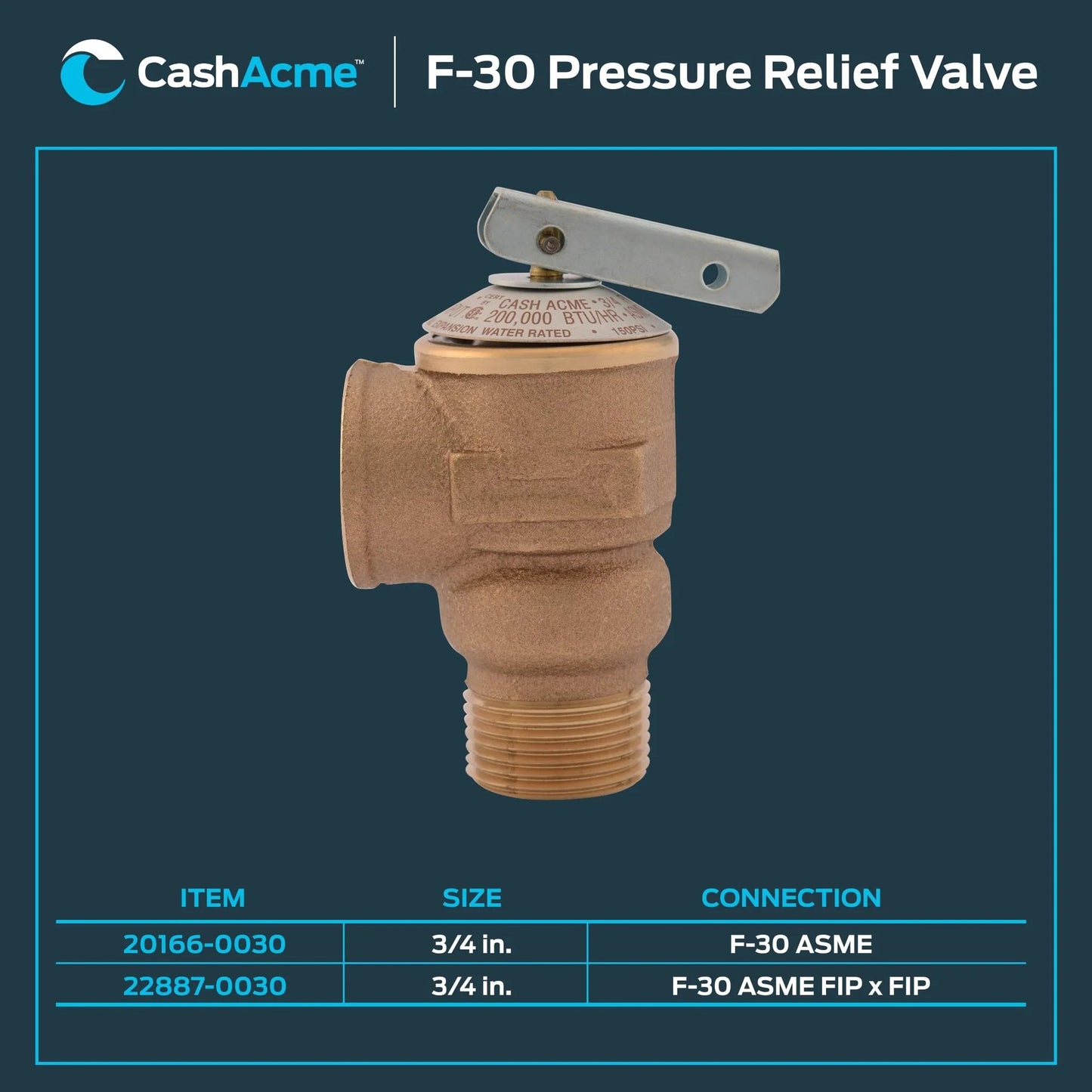 Three Quarter Inch F 30 Safety Relief Valve For Hot Water Heaters And Boilers Brass Push To Connect Pressure Release Fitting For Storage Tanks And Water Heaters Reliable Brass Plumbing Valve Model 20166 0030 By Cash Acme, showing side view with connection details.