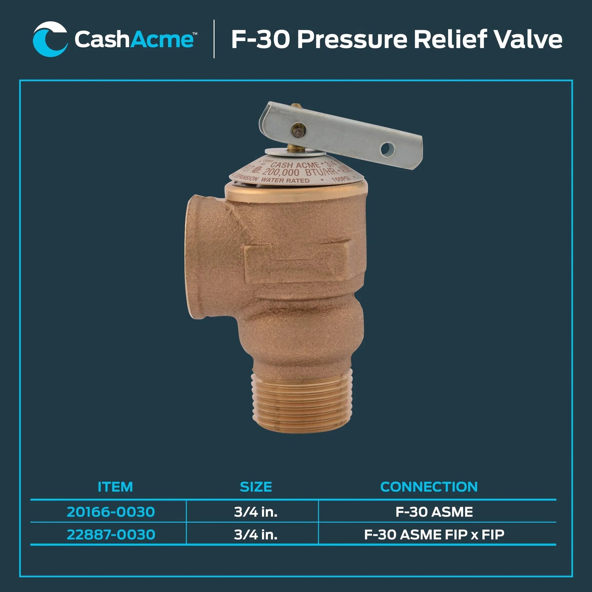 Three Quarter Inch F 30 Safety Relief Valve For Hot Water Heaters And Boilers Brass Push To Connect Pressure Release Fitting For Storage Tanks And Water Heaters Reliable Brass Plumbing Valve Model 20166 0030 By Cash Acme, showing side view with connection details.