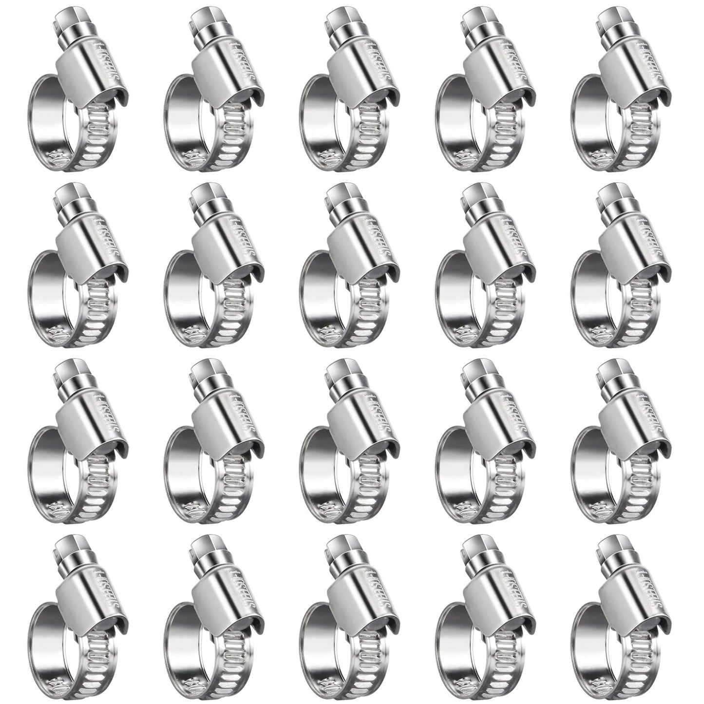 Non Stripping Worm Gear Hose Clamp Micro Size Four For Three Eighths To Five Eighths Inch Hoses, Adjustable Stainless Steel, 20 Pack
