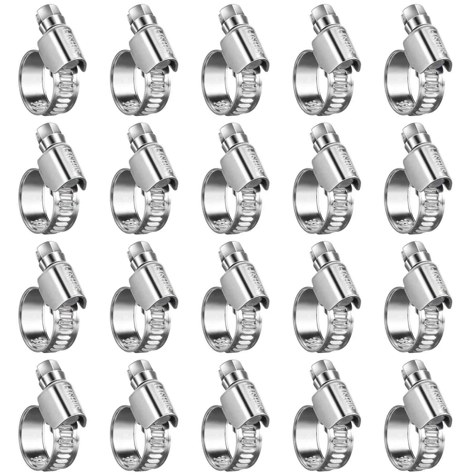 Non Stripping Worm Gear Hose Clamp Micro Size Four For Three Eighths To Five Eighths Inch Hoses, Adjustable Stainless Steel, 20 Pack