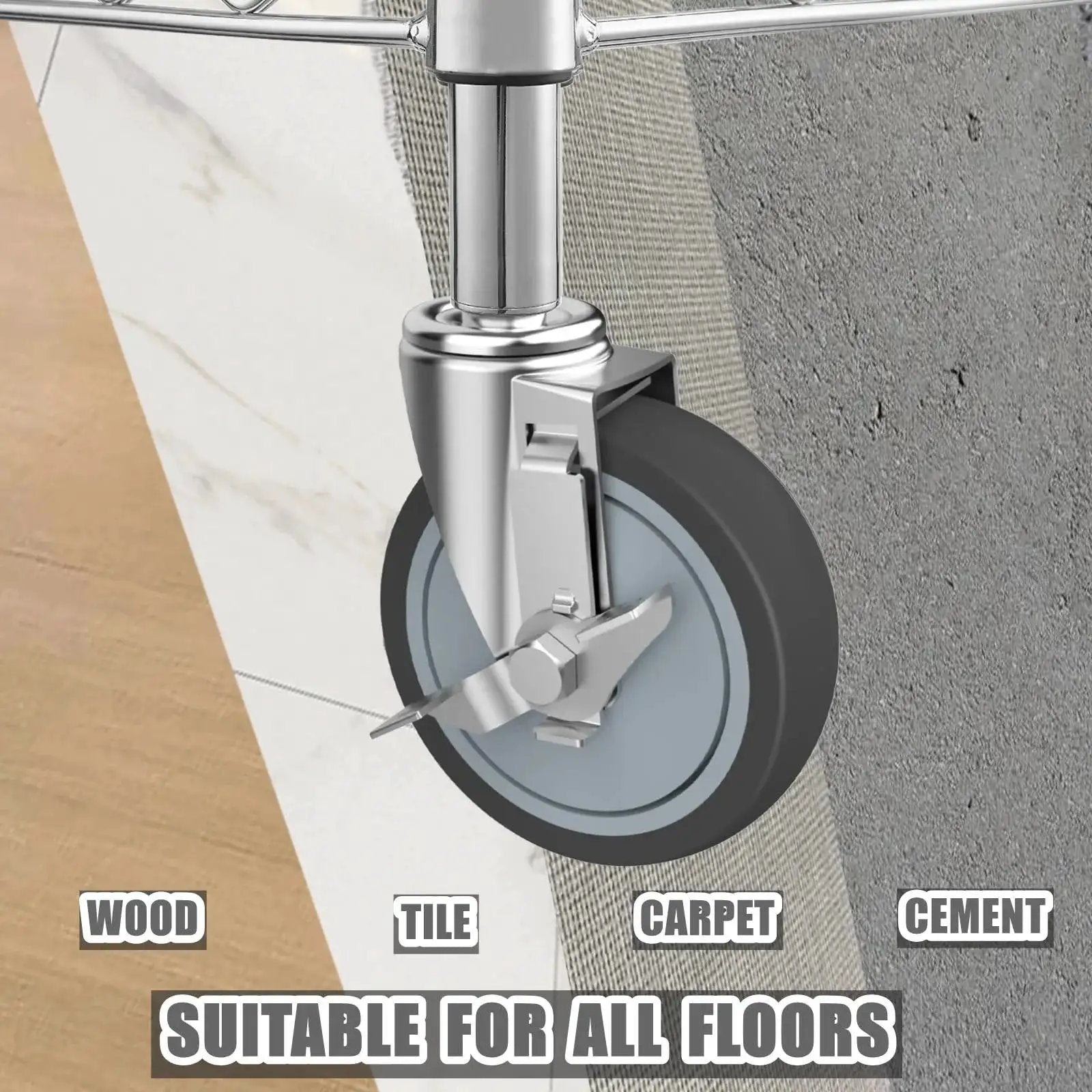 4-Inch Caster Replacement Wheels Set Of 4 For Wire Shelving Racks And Scaffolding With Brake Heavy Duty Compatibility shown on various floors