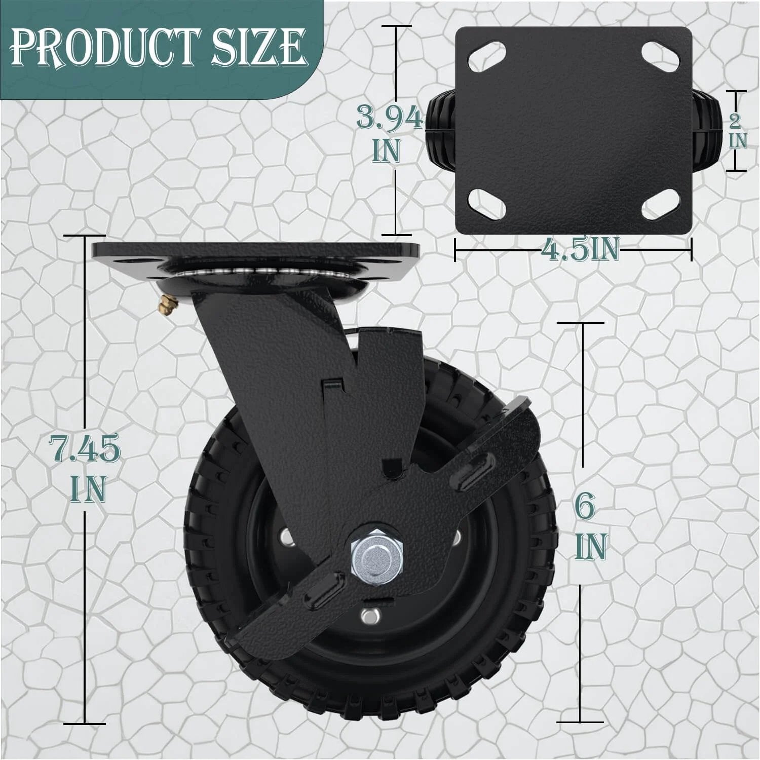 6 inch heavy duty caster wheels set of 4 dimensions with swivel brake and fixed parts shown, solid rubber wheel for outdoor use