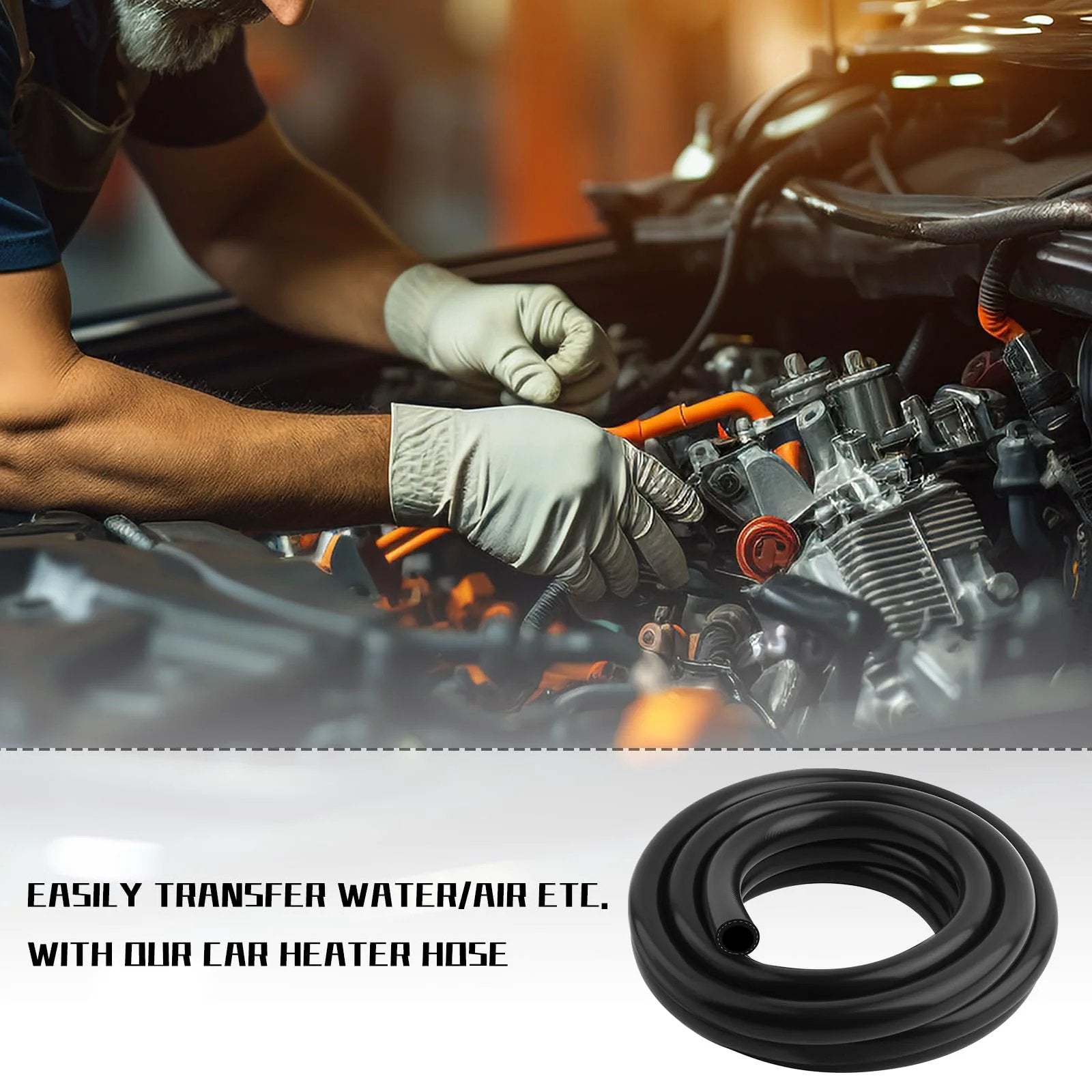 Mechanic installing Flexible Silicone Heater Hose 9.84 Ft Long, Five Eighths Inch ID 16mm And 24mm OD in car engine