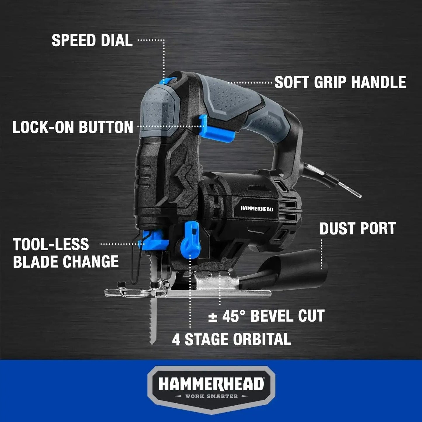 Powerful 4.8 Amp Jig Saw For Woodworking With Three Quarters Inch Stroke Includes Two Wood Cutting Blades Variable Speed Control And Four Stage Orbital Function With Brake For Smooth Precise DIY Wood Cutting By Hammerhead HAJS048 with features labeled.