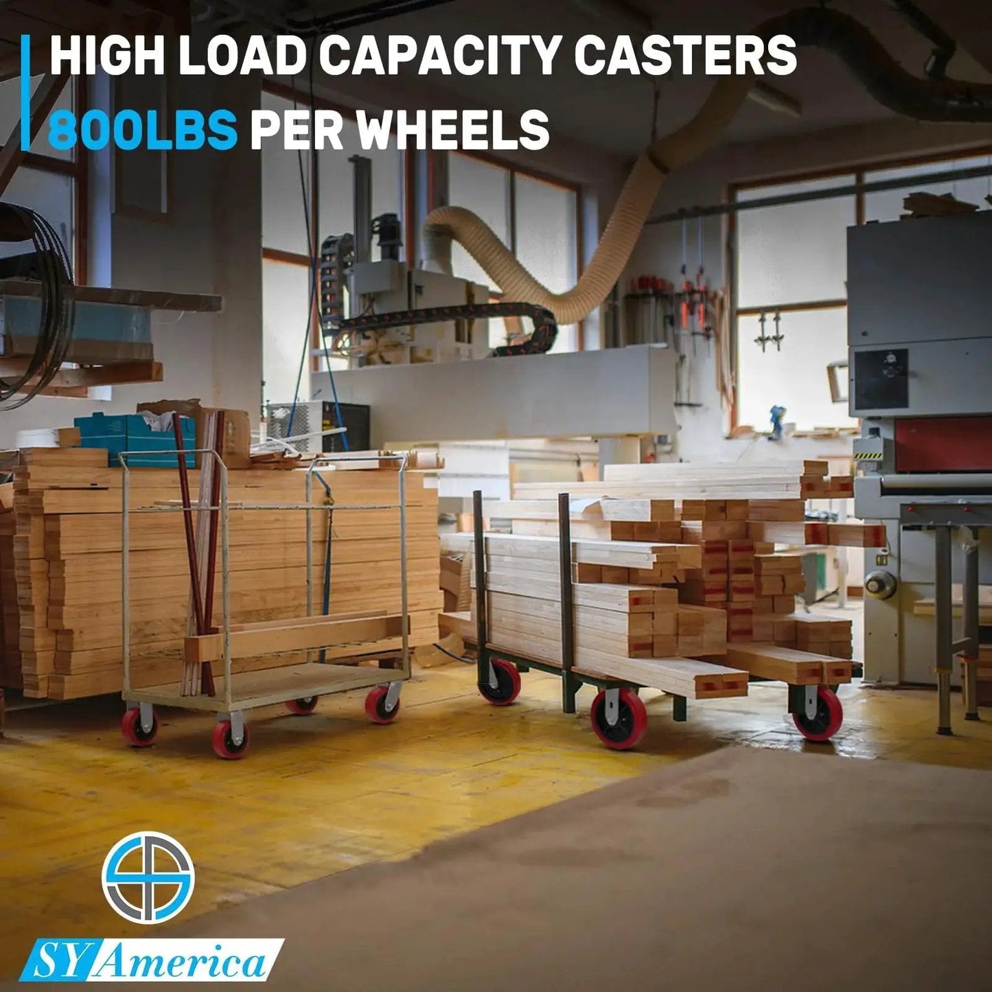 5 Inch By 2 Inch Heavy Duty Industrial Caster Wheels With Polyurethane On Polyolefin Core, Top Plate 4 Inch By 4.5 Inch, 2 Rigid And 2 Swivel With Top Lock Brake, 3200 Lbs Load Capacity Per Set on carts in a workshop