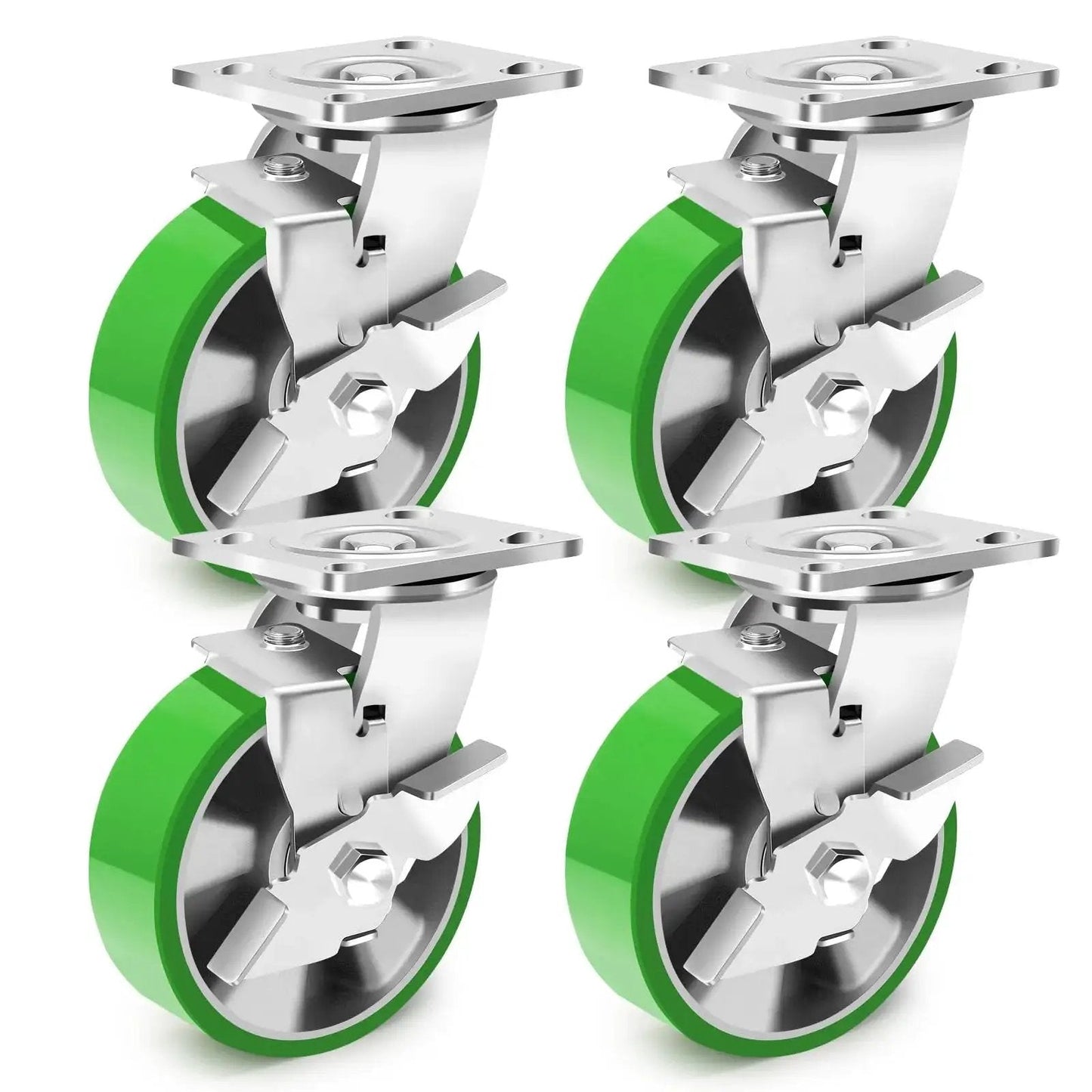 Industrial Swivel Casters With Brake 6 Inch Heavy Duty Caster Set Of 4 With Maintenance Free Aluminum Core PU Wheels Each Caster Supports 1250 Lbs Or 5000 Lbs For The Set Durable Industrial Equipment Casters For Heavy Loads