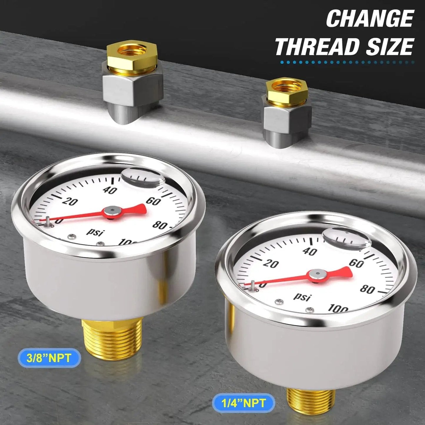 Stainless Steel Liquid Filled Pressure Gauge With 1.5 Inch Dial Face 0 To 100 Psi 1/8 Inch NPT Back Mount Glycerin Filled