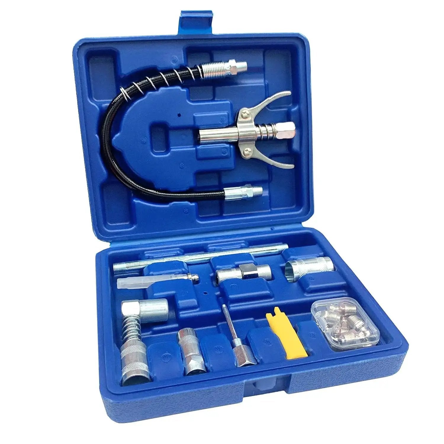 All In One 17 Piece Grease Gun Accessory Kit With Quick Connect Coupler 90 Degree Adapter 12 Inch Spring Flex Hose Zerk Fittings Cleaning Tool And More Compatible With All One Eighth Inch NPT Grease Guns For Quick Easy Lube Jobs in blue case