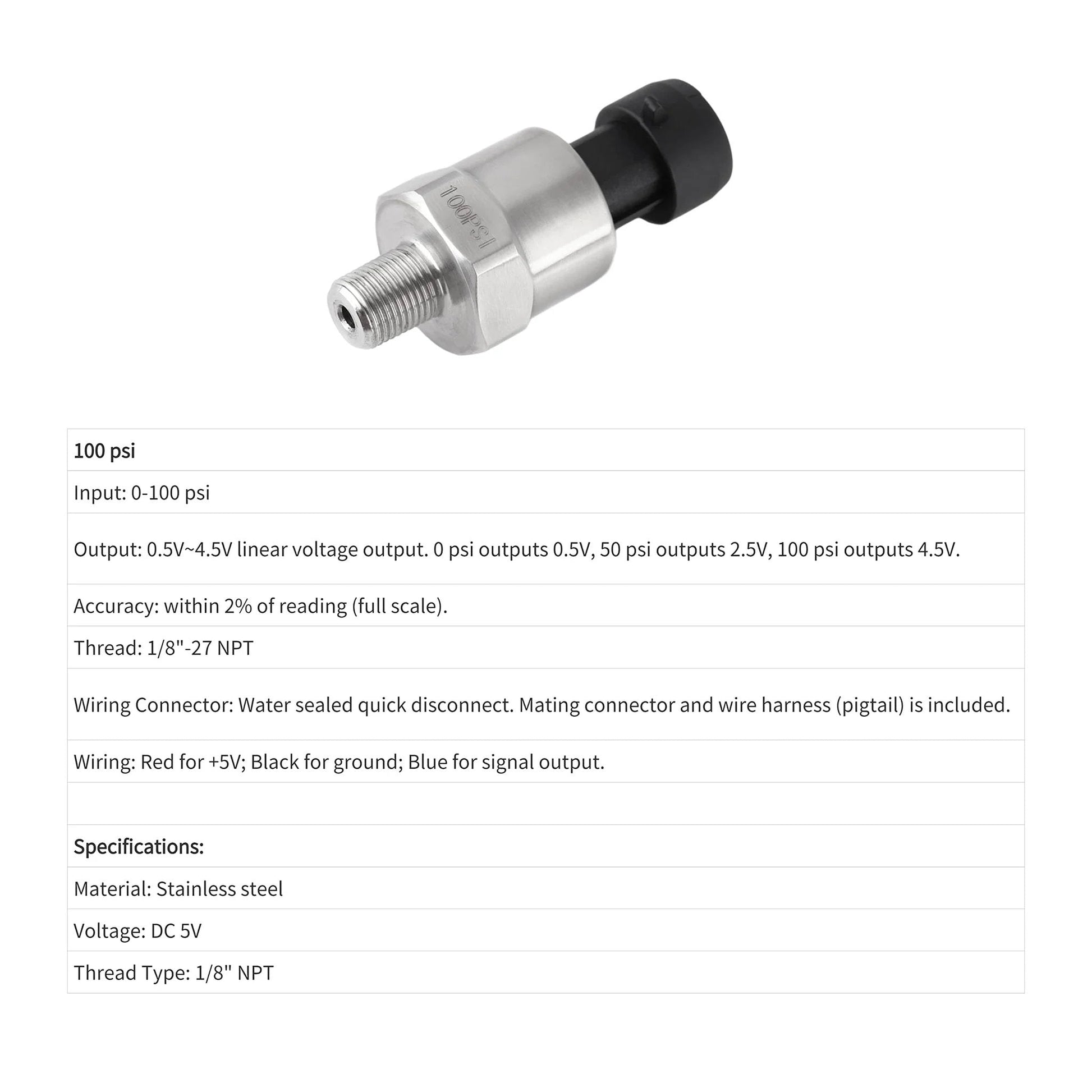 Side view of 100 Psi Pressure Transducer Sensor in 316 Stainless Steel with One Eighth Inch NPT Thread for various applications.