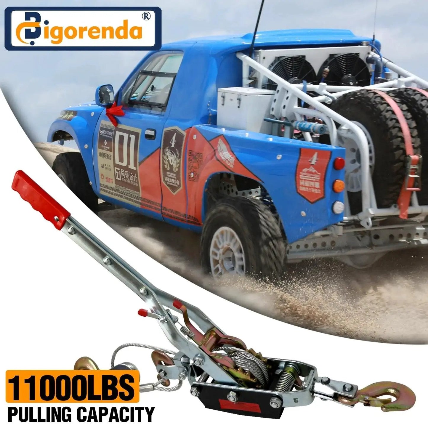 5 Ton Come Along Winch With Dual Gear Ratchet For Vehicle Recovery 12ft Cable shown with a blue truck in sand dune setting