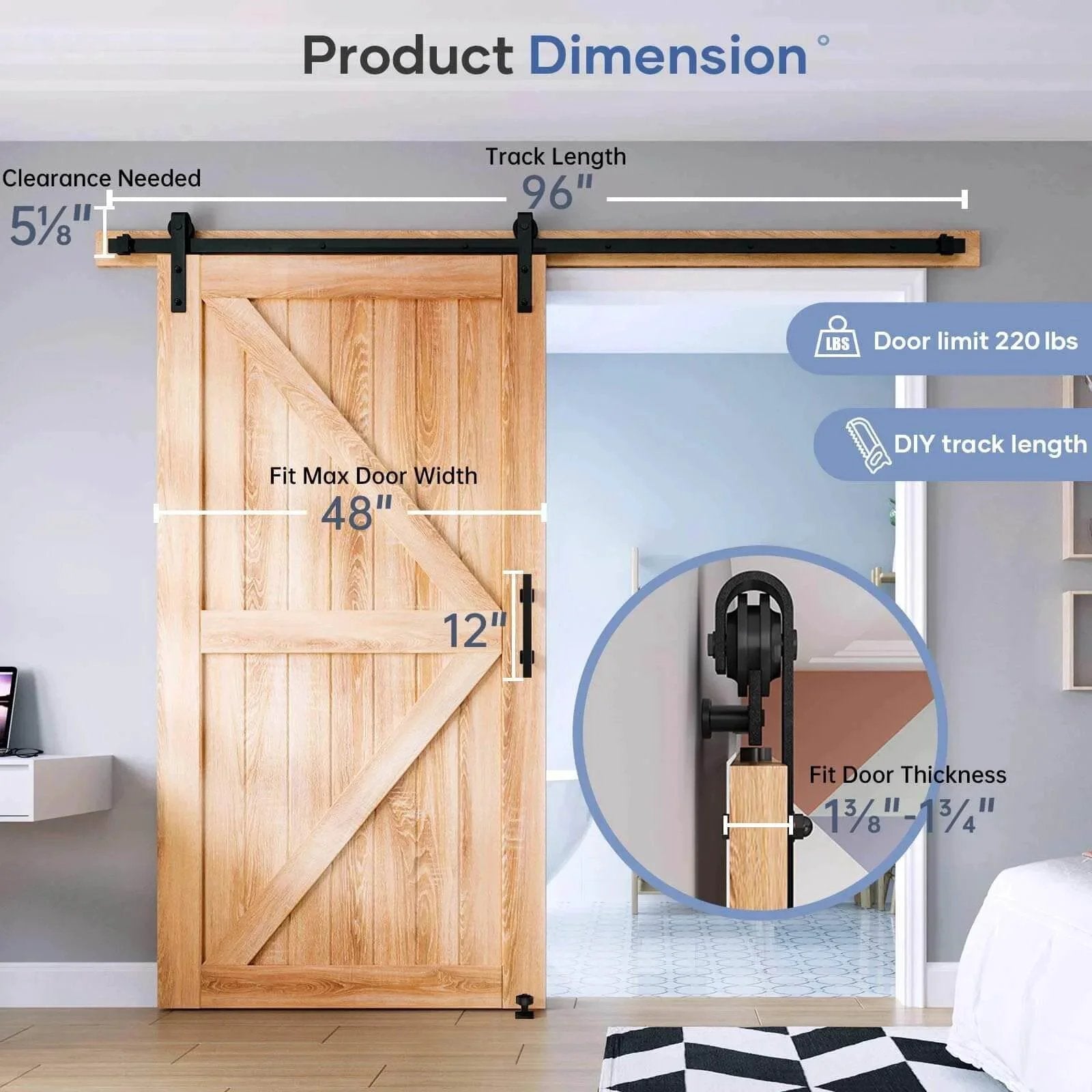 EaseLife Eight Foot Sliding Barn Door Track And Hardware Kit With Basic J Pulley For Smooth Quiet Operation And Easy Installation For 40 To 48 Inch Wide Single Doors Includes Eight Foot Track Kit And Black Powder Coated Steel Hardware, shown installed on wooden door.