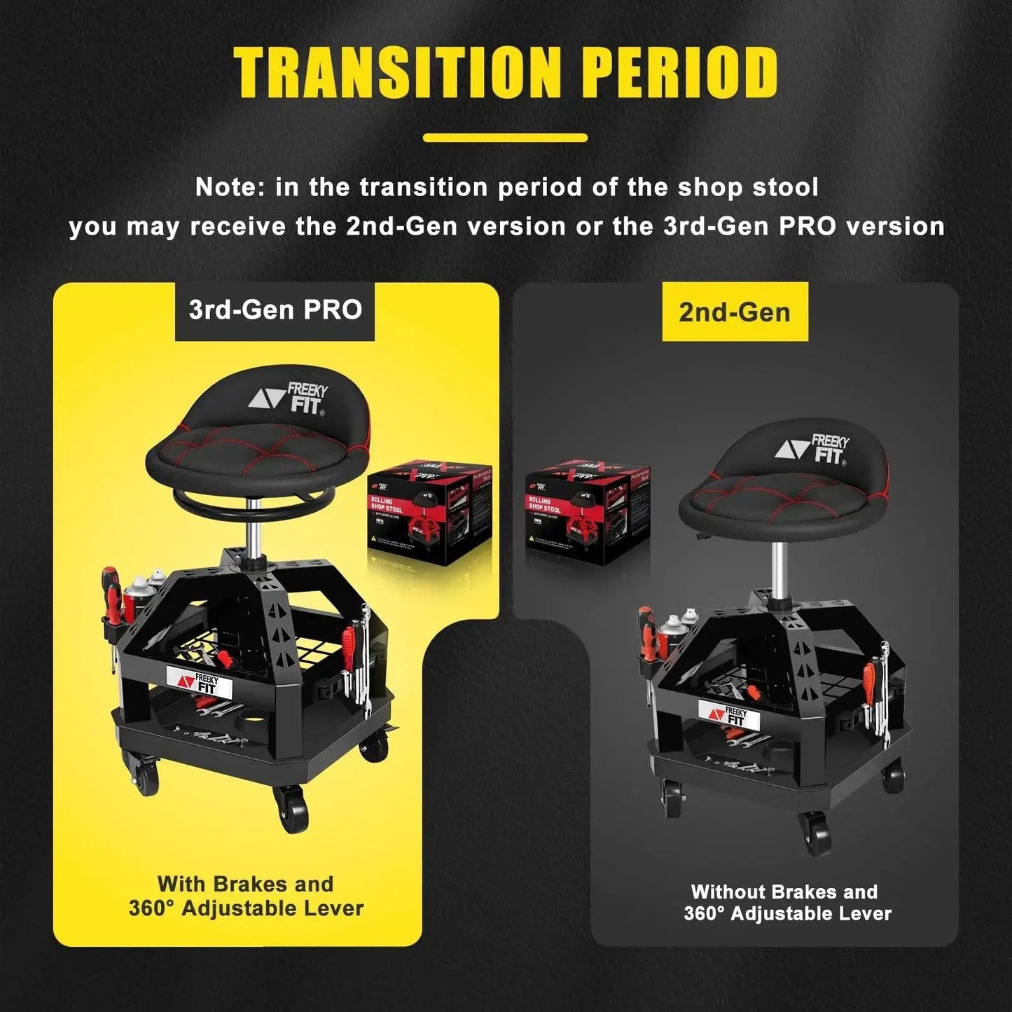 Rolling Shop Stool For Garage With Casters Adjustable Height 360 Degree Swivel Padded Mechanic Stool With Tool Tray Storage And Magnetic Tool Hold Heavy Duty Black Stool Supports Up To 330 Lbs transition versions with and without brakes