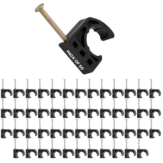 Half Clamp With Nail For PEX Tubing Support One Half Inch Black Durable Plastic shown in pack of 50 for home and DIY projects.