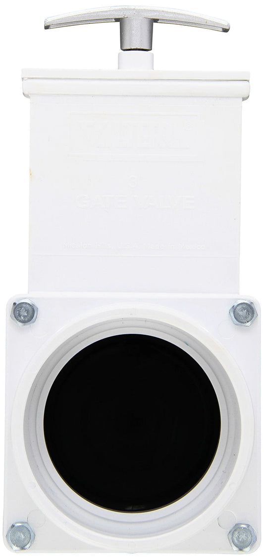 Front view of PVC Gate Valve 3 Inch Slip With Metal Handle In Black For Quick Shut Off, Unrestricted Flow, Easy Push Pull Operation.