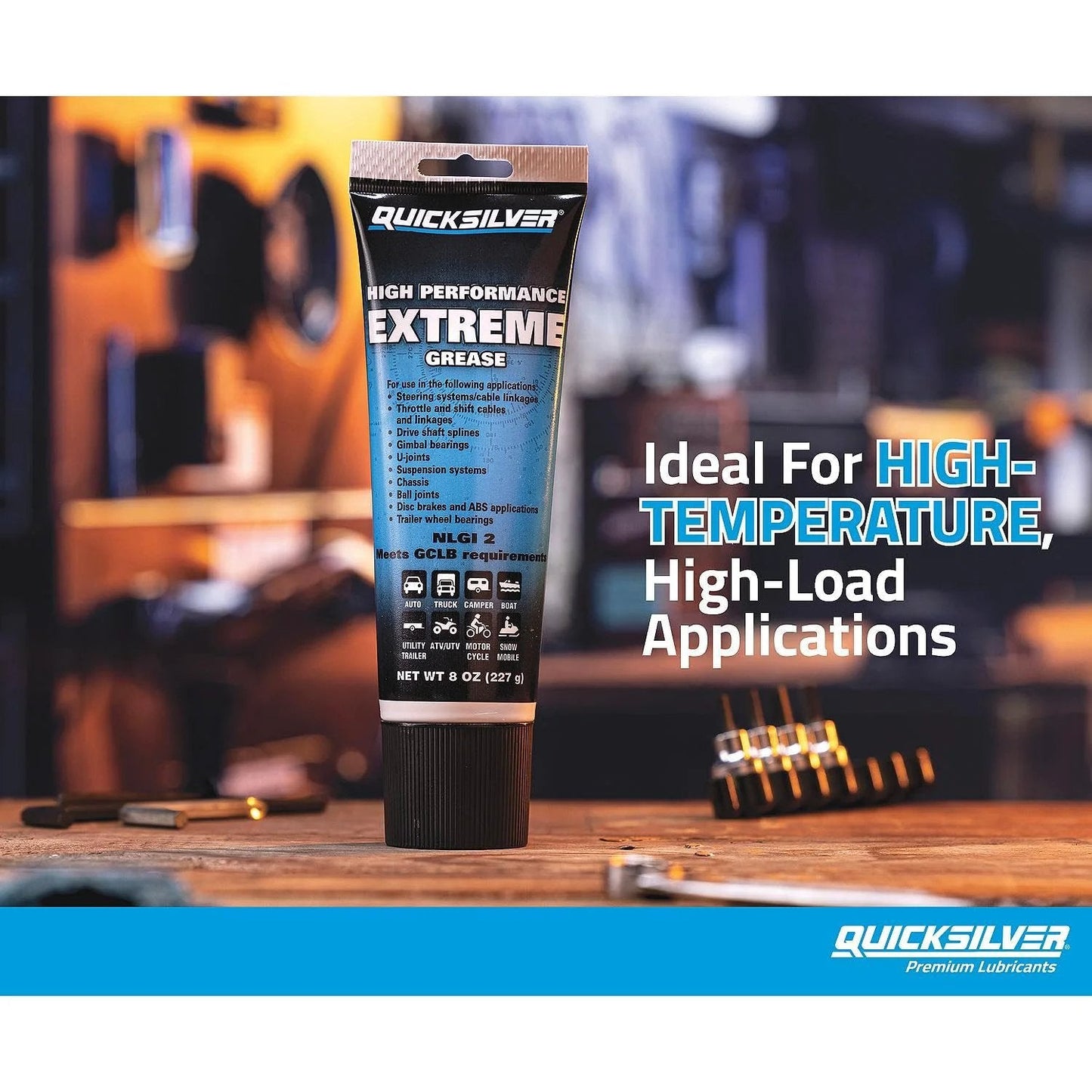 Heavy Duty Beefed Up Multi Purpose Marine Grease NLGI 2 For Extreme Temperatures And Heavy Loads Calcium Sulfonate Based Lubricant 8 Oz Tube on workbench