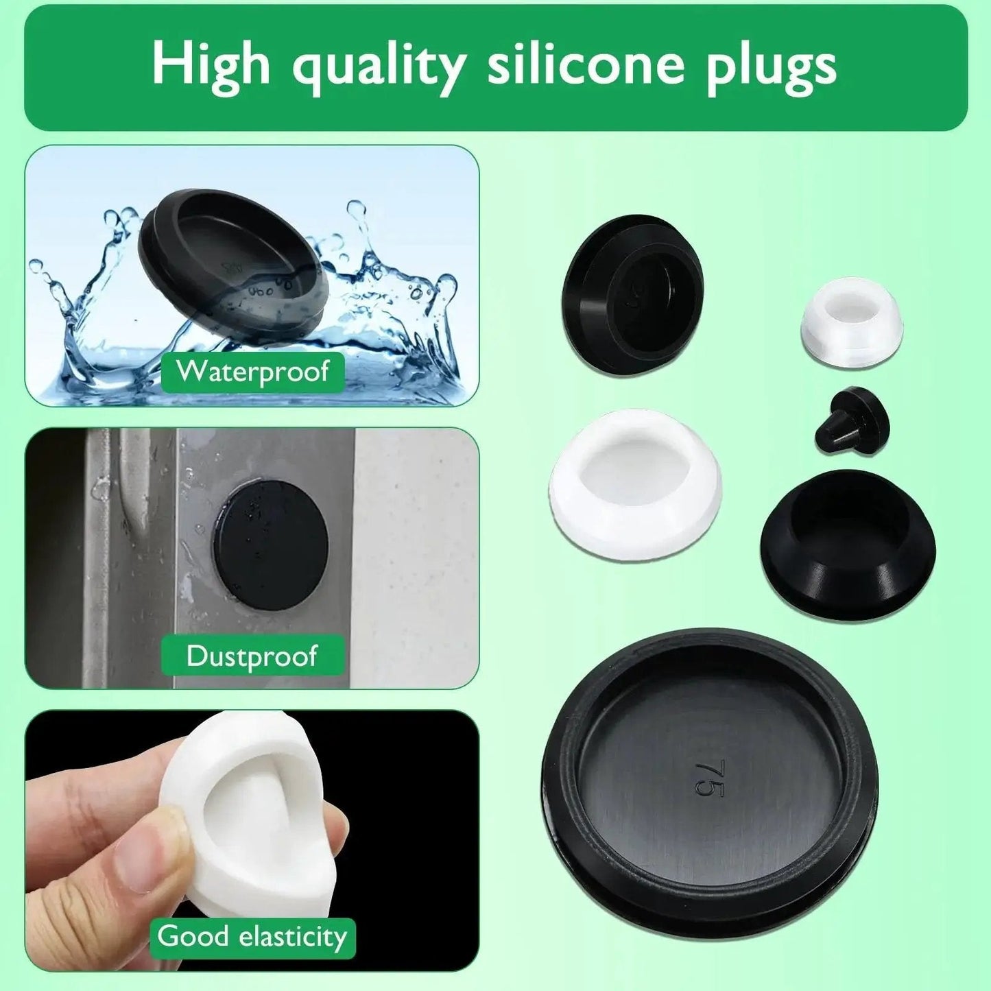 15 Pack Rubber Plugs For Round Holes 22mm Black Snap In Waterproof Silicone Stopper, shown in various uses and colors, waterproof, dustproof.